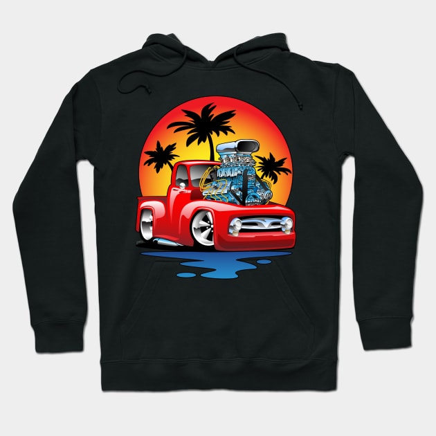 Classic American Hot Rod Pick-up Truck with Sunset Cartoon Hoodie by hobrath